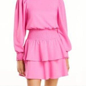 Aqua Womens Pink Tiered Smocked Cuffs Long Sleeve Dress XS
